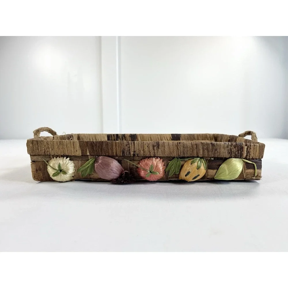 Vintage 70s Raffia Casserole Carrier Basket 3D Fruit Veggie Boho Pyrex Holder